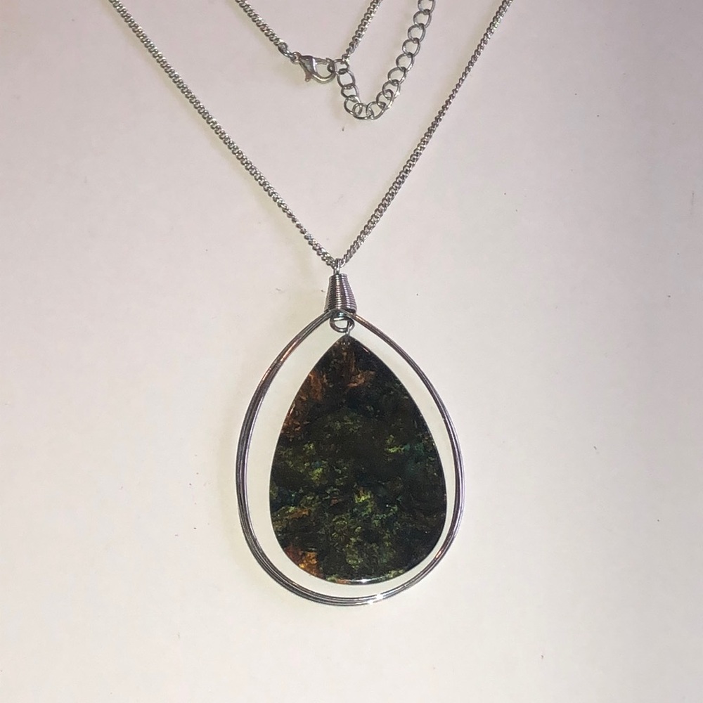 Silver Tone Teardrop Necklace with Dark Iridescent Pendant